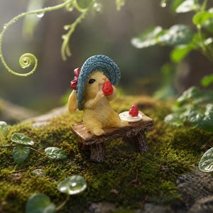 Könnte beinhalten: Eine kleine gelbe Kaninchenfigur mit einem blauen Sonnenhut und einer roten Schleife, die auf einer hölzernen Miniaturbank sitzt. Das Kaninchen hält eine rote Erdbeere an den Mund, und auf der Bank steht ein kleiner weißer Teller mit einer Erdbeere.