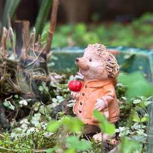 Riccio in miniatura con mela – Decorazione da giardino in resina, statuetta di animali del bosco, miniatura per casa delle bambole e terrario