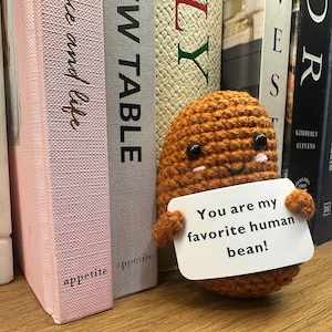 Puede incluir: Una figura de ganchillo con forma de judía en tonos marrones sostiene una tarjeta blanca con el texto "You are my favorite human bean!". La figura tiene ojos negros y una cara sonriente. Está colocada delante de una fila de libros.