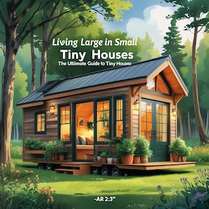 Może przedstawiać: Mały drewniany domek z zielonymi drzwiami i oknami, otoczony zielonymi drzewami i kwiatami. Tekst "Living Large in Small Tiny Houses" i "The Ultimate Guide to Tiny Houses" znajduje się nad domem. Tekst "AR 2:3" znajduje się pod domem.