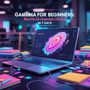 Könnte beinhalten: Ein Laptop mit einem leuchtend pinkfarbenen und blauen Design auf dem Bildschirm. Der Laptop steht auf einem schwarzen Tisch mit bunten Haftnotizen und einem blauen Stift. Der Text auf dem Bildschirm lautet "GAMMA FOR BEGINNERS: MASTER AI-POWERED DESIGN IN 7 DAYS".