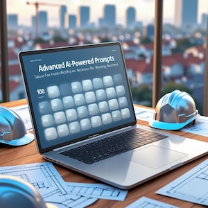 Può includere: Un computer portatile con uno sfondo bianco e il testo "Advanced Ai-Powered Prompts" e "Tailored For Matto Roofing ou Business for Roofing Business". Il laptop è aperto e mostra una griglia di 100 quadrati blu. Ci sono due caschi da lavoro su un tavolo di legno.