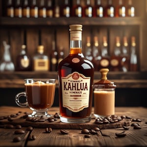 May include: A dark brown glass bottle of Kahlua coffee liqueur with the text "Hommad Kahlua Homemade" on the label. The bottle is sitting on a wooden table with coffee beans scattered around it. There is a glass of coffee liqueur and a glass of cream next to the bottle.