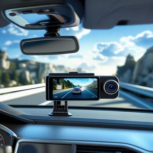 Puede incluir: Una cámara de salpicadero negra montada en el parabrisas de un coche, grabando una vista de una carretera con un coche en la distancia. La cámara de salpicadero tiene una pantalla que muestra la carretera que hay delante.