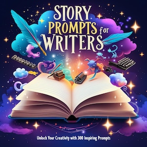 May include: A colourful illustration of an open book set against a starry night sky. Whimsical creatures and writing tools, including a quill pen, a typewriter and a music box, surround the book. The text "STORY PROMPTS for WRITERS" is displayed in large, bold letters above the book. The caption below the book reads "Unlock Your Creativity with 300 Inspiring Prompts".