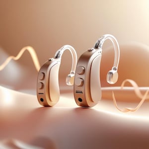 Puede incluir: Dos audífonos beige con ganchos para la oreja de plástico transparente. Los audífonos tienen dos botones en el lateral.