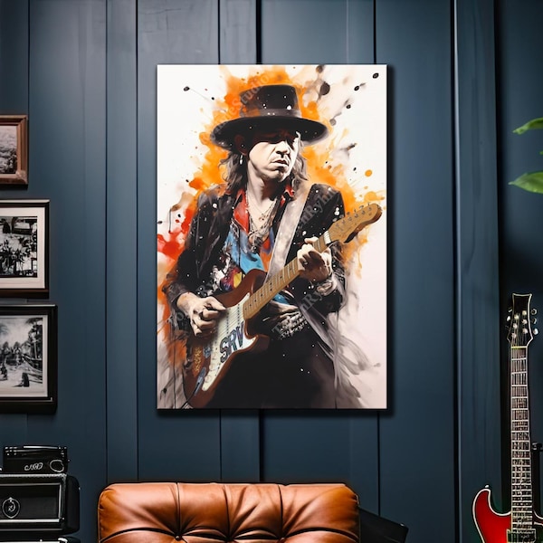 Stevie Ray Vaughan Canvas Print, Aquarelle abstraite, Psychédélique, Décoration intérieure, Impression de studio de musique, Cadeau pour mélomane