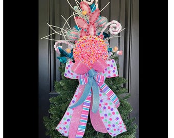 Handcrafted Pastel Candy Christmas Tree Topper, Whimsical Candyland Decor, Lollipop Bow