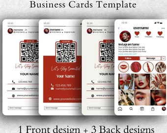 May include: Three Instagram business card designs with a red and white color scheme. The front design features a QR code, the text "Let's Stay Connected!" and the words "Your Name". The back designs feature a profile picture, a username, and a grid of images. The text "Instagram Name" is also included.