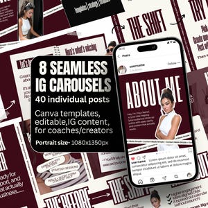 May include: A digital marketing template set for Instagram, featuring 8 seamless carousel designs and 40 individual posts. The Canva templates are editable and designed for coaches and creators. The portrait size is 1080x1350px.