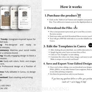 May include: A digital product listing for Instagram-inspired social media templates. The listing highlights key benefits such as modern design, time-saving, brand consistency, eye-catching visuals, and easy customization. The listing also includes instructions on how to purchase, download, edit, and save the templates in Canva.