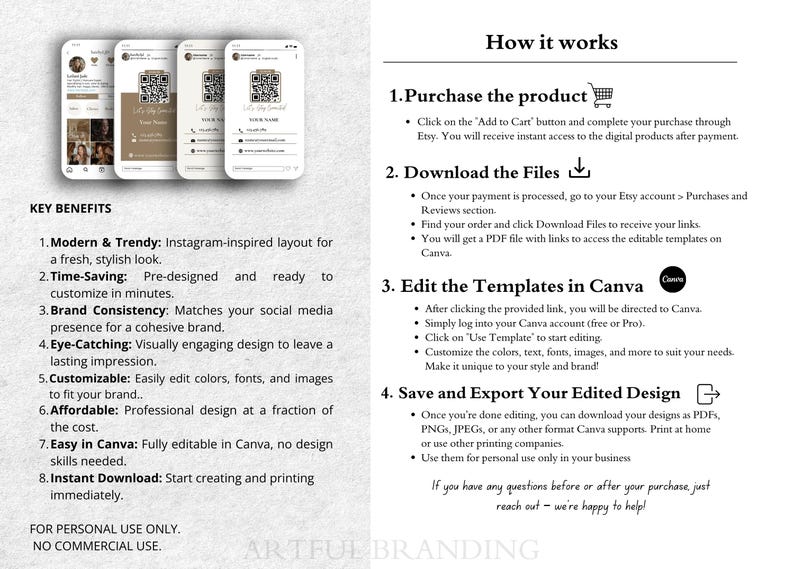 May include: A digital product listing for Instagram-inspired social media templates. The listing highlights key benefits such as modern design, time-saving, brand consistency, eye-catching visuals, and easy customization. The listing also includes instructions on how to purchase, download, edit, and save the templates in Canva.