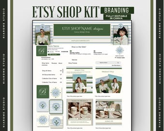 Könnte beinhalten: Ein Etsy Shop Kit-Designvorlage in Grün und Weiß. Das Design enthält Branding-Elemente, Produkt-Mockups und den Text "ETSY SHOP KIT" und "FULLY EDITABLE IN CANVA". Die Vorlage ist für einen Luxus-Design-Shop.