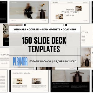 Puede incluir: Un conjunto de plantillas de diapositivas con el texto "150 SLIDE DECK TEMPLATES" en un diseño moderno. Las plantillas son para webinars, cursos, imanes de clientes potenciales y coaching. El diseño incluye elementos en blanco y negro.