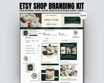 Etsy Shop Branding Kit Canva Vorlagen | Bearbeitbare Etsy Banner Mockups Symbole Danke Karten | Modernes grünes Verkäufer Branding Kit Bundle