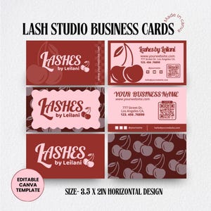 May include: Four editable business card templates featuring a cherry motif. The cards are red and pink with the text "Lashes by Leilani" and a cherry graphic. The cards are 3.5 x 2 inches and are designed for a lash studio.