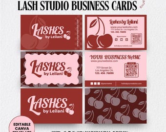 May include: Four editable business card templates featuring a cherry motif. The cards are red and pink with the text "Lashes by Leilani" and a cherry graphic. The cards are 3.5 x 2 inches and are designed for a lash studio.