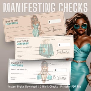 Op de afbeelding: Drie "Manifesting Checks" met illustraties van een vrouw in een turquoise jurk en zonnebril, een turquoise boodschappentas en een vrouw in een gouden jurk. De cheques zijn van "Bank of the Universe" en bevatten ruimte voor datum, bedrag en handtekening. De tekst "Instant Digital Download | 3 Blank Checks | Printable PDF File" staat onderaan.