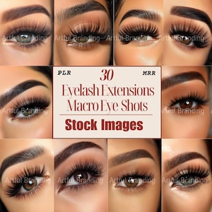 Puede incluir: Un collage de 30 imágenes de primer plano de ojos con extensiones de pestañas. Las imágenes están dispuestas en una cuadrícula con el texto "PLR", "30 Extensiones de Pestañas Macro Eye Shots", "MRR" y "Imágenes de Stock" en el centro.