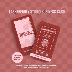 May include: Editable business card template for a lash and beauty studio. The card features a red background with a white border and a pink cherry design. The text "Lashes by Leilani" is displayed in a white font. The card also includes a QR code, social media icons, and contact information.