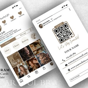 May include: A white Instagram business card template with a brown and white color scheme. The card features a QR code, a phone number, an email address, and a website address. The text "Let's Stay Connected!" is written in cursive.