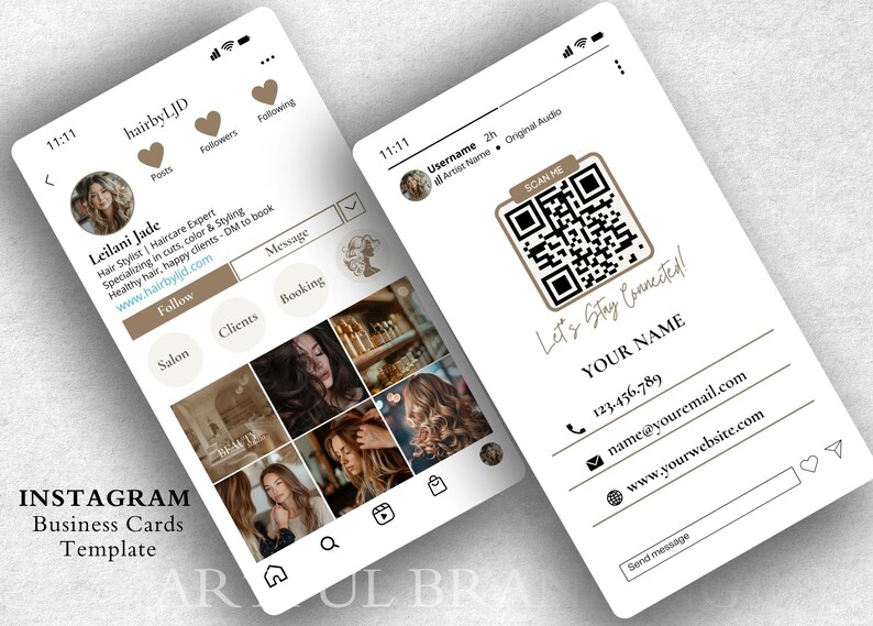 May include: A white Instagram business card template with a brown and white color scheme. The card features a QR code, a phone number, an email address, and a website address. The text "Let's Stay Connected!" is written in cursive.