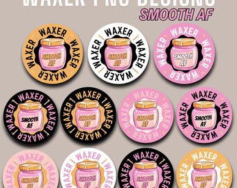 Puede incluir: Una colección de pegatinas redondas con un diseño de tarro rosa, se incluye el texto "WAXER" y "SMOOTH AF". Las pegatinas son de varios colores, incluyendo amarillo, negro, rosa y blanco. Las palabras "WAXER PNG DESIGNS" están en la parte superior.