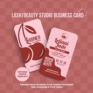 May include: Editable Canva business card template featuring a pink background with a cherry graphic and the text "Lashes by Leilani" and "Leilani Jade". The card includes contact information, a QR code, and the text "www.yourwebsite.com".