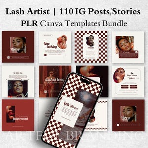 Puede incluir: Una colección de 110 plantillas de publicaciones e historias de Instagram para artistas de pestañas. Las plantillas presentan un patrón de cuadros rojos y blancos, imágenes de mujeres con pestañas y texto como "Maquillaje", "Reservar ahora", "Pestañas largas", "Completamente reservado" y "Glamour de pestañas".