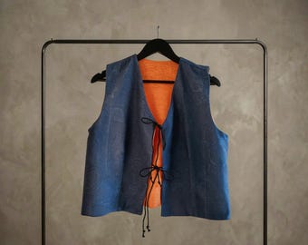 Reversible Upcycled Navy Floral Vest – Handmade One of a Kind | Orange Linen | Slow Fashion