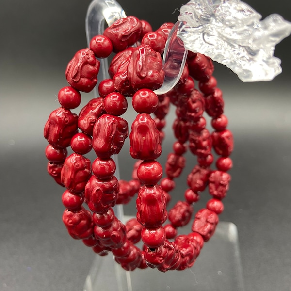 Cinnabar Rabbit Carving design Genuine Gemstone Bracelet, 8 MM, 6.5 inches, Beautiful Dark Crimson Red Color