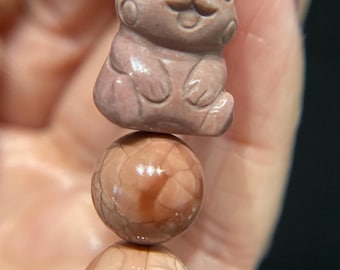 Crackle Vein Pink Alashan Agate with Pikachu Carving ~ 11 MM
