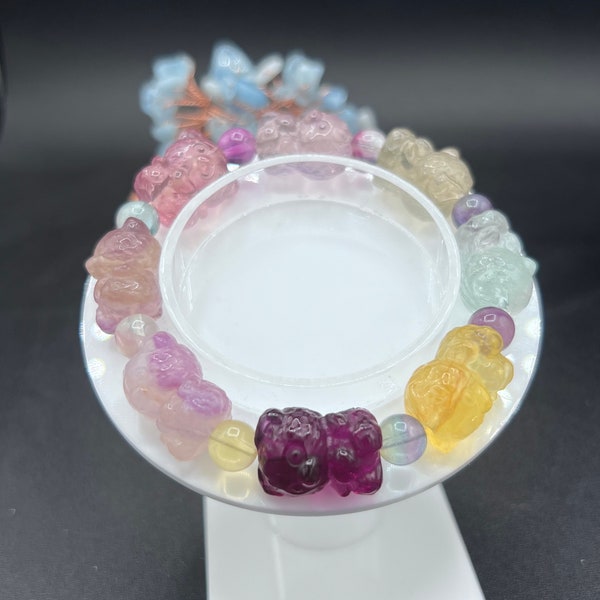 Cute Bear Fluorite, Bear Carving, Crystal bracelet, 18 MM, 6.5 inches