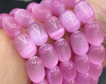 Barbie Pink Selenite, Barrell shape, 12 MM, 6.5 inches, 6.75 inches Stretch Crystal Bracelet