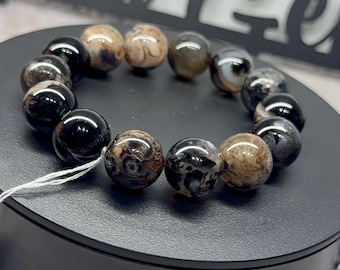 RARE Natural Black Flower Agate Crystal Bracelet / 15 MM