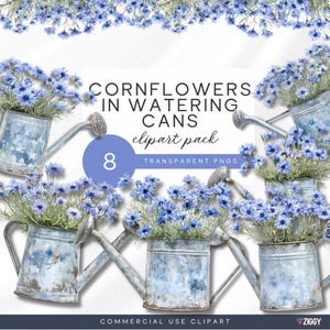 Clipart floral arrosoir, bidon d'eau en métal rustique avec des fleurs sauvages, des bleuets, des fleurs de jardin vintage, aquarelle, journaux indésirables