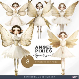 May include: A digital art pack featuring eight angel pixies. Each pixie is depicted with delicate, golden wings and wears a white dress. The text "ANGEL PIXIES clipart pac" is visible, along with "8 TRANSPARENT PNGS".