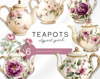 Floral Teapot Clipart: Vintage Tea Party Graphics (PNG Files, Digital Download
