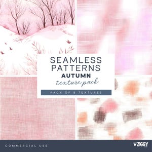 Puede incluir: Un paquete de arte digital con ocho texturas otoñales sin costuras. La imagen incluye ilustraciones de acuarela de un paisaje invernal y varios patrones abstractos en tonos rosa, marrón y blanco. El texto en la imagen dice "Seamless Patterns Autumn Texture Pack".