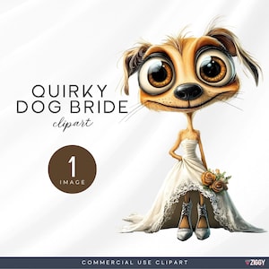 Quirky Dog Bride Clipart – Cartoon Dog in Wedding Dress Illustration, Fun Wedding Pet Art for Invitations, Scrapbooking and Crafts