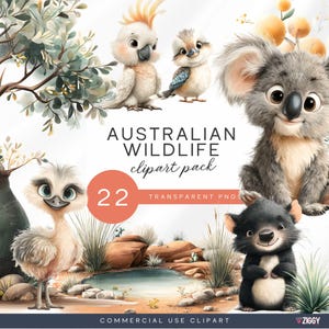 Pode incluir: Ilustração com vida selvagem australiana, incluindo uma cacatua, um kookaburra, um coala, um emu e um demônio da Tasmânia. O texto diz "AUSTRALIAN WILDLIFE clipart pack" com "22 TRANSPARENT PNGS" e "COMMERCIAL USE CLIPART".
