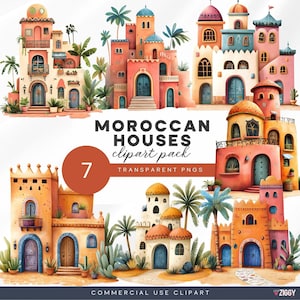 Marokkaans esthetische aquarel clipart, Marokkaans huis, exotische tuin, bestemming clipart voor ongewenste tijdschriften, scrapbooking, uitnodigingen
