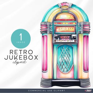 Clipart de jukebox retrô em aquarela, lanchonete dos anos 50, arte neon vintage, criação de cartões e scrapbooking, diário de sucata