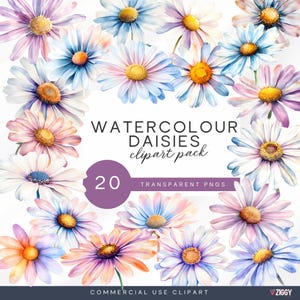 Pacote de clipart de margaridas em tons pastéis e aquarela – Elementos florais para cartões, álbuns de recortes, casamentos, diários, impressão sob demanda, arte com flores silvestres