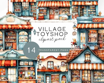 Aquarel speelgoedwinkeldorp clipart, grillige surrealistische etalages, fantasy junk journaling graphics, architectuur illustratie