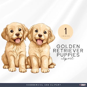 Golden Retriever Puppy Clipart, Cute Dog Twins, Cartoon Dog PNG, Funny Dog Portraits, Animal Illustration