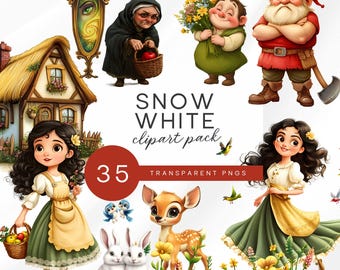 Snow White Clipart Bundle | Fairy Tale PNG Illustrations | Princes, Dwarves, Evil Queen, Castle & Props | Storybook Clipart Set