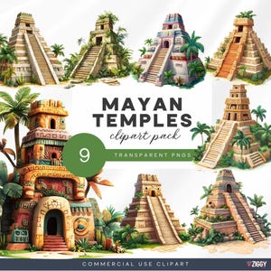 Watercolour Aztec Temple Clipart, Mayan Digital Sticker for Scrapbooking, Ancient Maya Culture, South America History, Junk Journal
