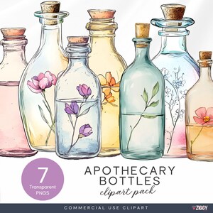 コルク栓付き薬瓶、一輪の花、パステルカラー、繊細なヴィンテージデザイン、気まぐれなコテージコアのクリップアート