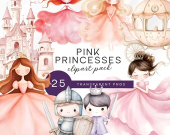 Pink Princess Clipart Pack, Fairy Tale Characters & Castle Illustrations for Invitations, Planners, Journals, Crafts